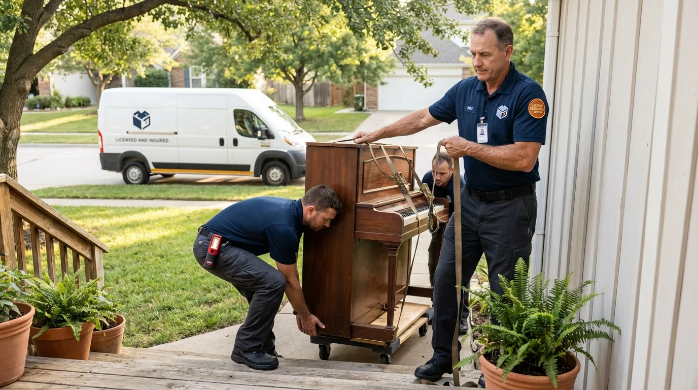 Licensed piano movers securing grand piano in Sioux City, IA
