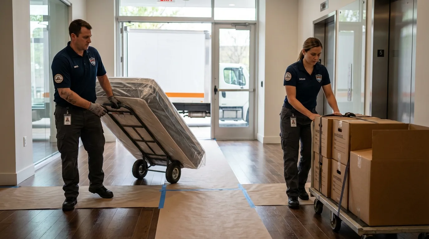 Professional apartment movers loading elevator in Sioux City, IA