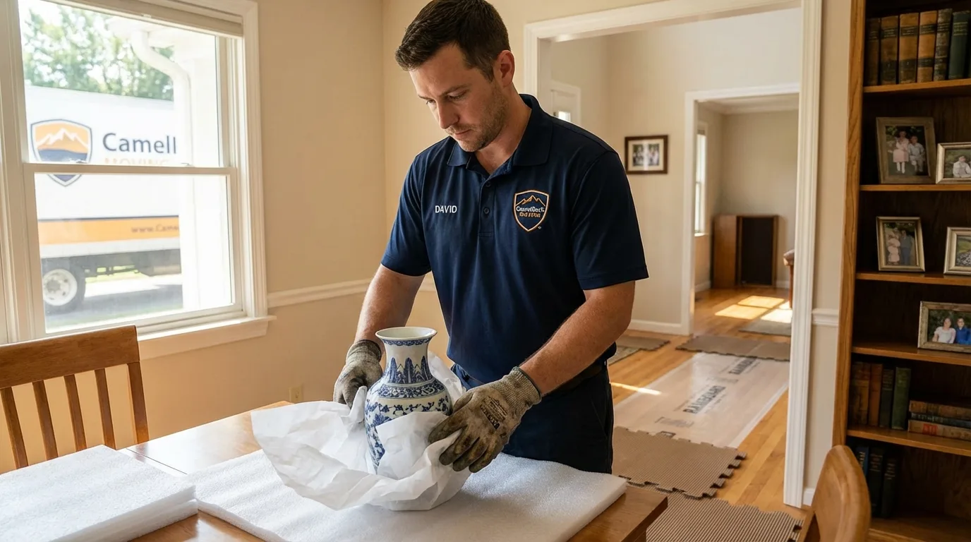 Professional crew carefully wrapping antique vase for senior downsizing move in Sioux City, IA